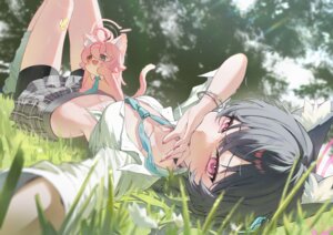 animal_ears bike_shorts blue_archive chibi halo heterochromia kuromi_serika may.l nekomimi open_shirt seifuku selfie tail takanashi_hoshino