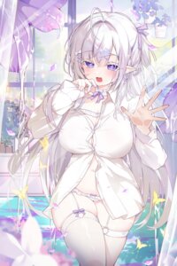 bra detexted dress_shirt lingerie open_shirt pantsu pointy_ears stockings tagme thighhighs