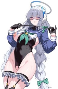 blue_archive censored cosplay endou_shimiko garter halo leotard megane nipples no_bra nopan pussy reia_76 seifuku stockings thighhighs ushio_noa weapon wet