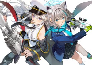 Rating: Safe Score: 17 Tags: animal_ears ariko_(aaaaarik) azur_lane blue_archive crossover enterprise_(azur_lane) gun halo nekomimi seifuku sunaookami_shiroko thighhighs uniform weapon User: Genex