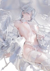 breasts devil garter horns iijima_masashi lolita_fashion nipples no_bra open_shirt pantsu pointy_ears stockings tail tattoo thighhighs umbrella wings