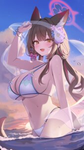 animal_ears bikini blue_archive halo kithera kitsune kosaka_wakamo see_through swimsuits tail wet