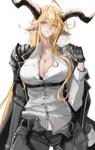 Rating: Questionable Score: 8 Tags: animal_ears arknights armor bra cleavage degenbrecher_(arknights) dress_shirt horns madana_gege open_shirt pantsu User: Genex