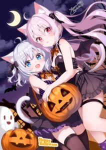 animal_ears dress garter halloween himura_moritaka nekomimi no_bra pointy_ears skirt_lift tail thighhighs wings