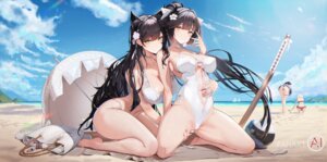 alca97 animal_ears atago_(azur_lane) azur_lane bikini choukai_(azur_lane) erect_nipples maya_(azur_lane) swimsuits sword takao_(azur_lane) umbrella