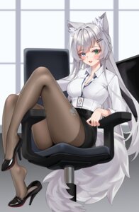animal_ears cleavage dress_shirt heels heterochromia matrix16 open_shirt pantyhose skirt_lift tail