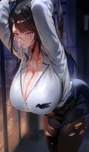cleavage dress_shirt hololive hololive_english horns megane nerissa_ravencroft open_shirt pantyhose rororo torn_clothes