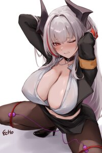 admiral_zenker_(azur_lane) areola azur_lane business_suit e.c.ho erect_nipples heels horns no_bra open_shirt pantyhose see_through skirt_lift vibrator