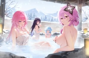 bathing breast_hold cerydra cyrene evernight honkai:_star_rail hysilens march_7th onsen pointy_ears see_through shrimp_cake topless towel wet