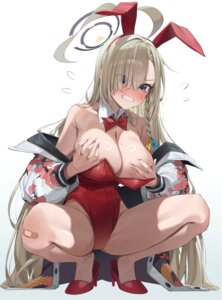 animal_ears bandaid blue_archive breast_grab bunny_ears bunny_girl cosplay halo heels ichinose_asuna mikamo_neru no_bra tagme
