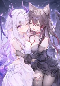 alllisso animal_ears dress fishnets garter horns megane no_bra pantyhose pointy_ears see_through symmetrical_docking tail wings yuri