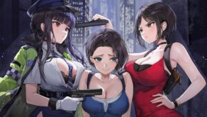 ada_wong bra cleavage crossover d_(nikke) dress goddess_of_victory:_nikke gun jill_valentine lillly open_shirt police_uniform resident_evil