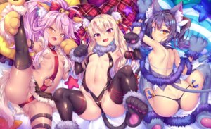 animal_ears cameltoe chloe_von_einzbern fate/kaleid_liner_prisma_illya fate/stay_night garter illyasviel_von_einzbern leotard loli miyu_edelfelt nekomimi no_bra nopan open_shirt pantsu skirt_lift tail tattoo thighhighs thong toraishi_666