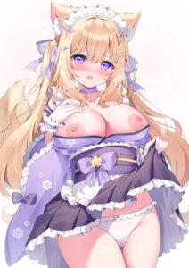 Rating: Questionable Score: 37 Tags: animal_ears breasts maid nipples no_bra open_shirt pantsu siooooono skirt_lift wa_maid wet User: Anonymous