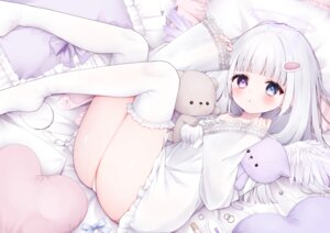 angel heterochromia himemiya_moka iriam miko_suuuuu pajama pantsu skirt_lift thighhighs wings