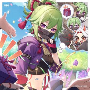 arataki_itto chibi fishnets genshin_impact horns kuki_shinobu ninja tattoo yamabukiiro