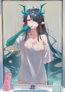 arknights c113oreo cream dusk_(arknights) horns nipples no_bra pointy_ears see_through tattoo