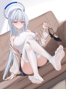 blue_archive feet halo heels lanhua227 see_through skirt_lift sweater thighhighs ushio_noa