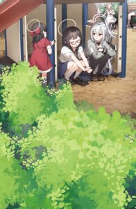 blue_archive dress gun halo kusaka_shi megane morizuki_suzumi pantyhose seifuku skirt_lift uzawa_reisa wings