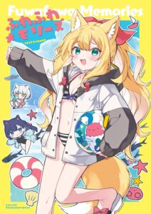 animal_ears chibi galvas kamiyoshi_rika kitsune nekomimi open_shirt swimsuits tail