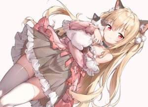 animal_ears dress henzer neko nekomimi no_bra skirt_lift thighhighs