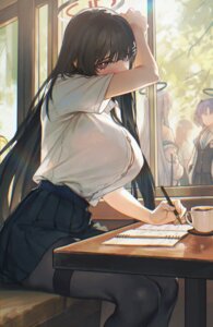 blue_archive halo hayase_yuuka kryp132 no_bra pantyhose see_through seifuku tsukatsuki_rio ushio_noa