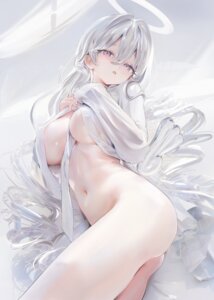 angel bottomless dress_shirt iijima_masashi no_bra open_shirt see_through wings