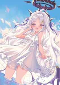 blue_archive devil dress halo horns loli motohara_moka see_through skirt_lift sorasaki_hina summer_dress wet wings