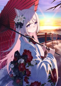 animal_ears indie_virtual_youtuber kimono kitsune konosaki_siori mira_bluesky3 tail umbrella