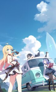 ayame_(stella_sora) dress heels kohaku_(stella_sora) neko no_bra pantyhose seifuku seina_(stella_sora) skirt_lift stella_sora tagme yostar