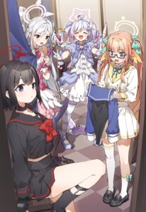 blue_archive endou_shimiko halo kusaka_shi megane morizuki_suzumi pantyhose seifuku shizuyama_mashiro skirt_lift thighhighs uniform uzawa_reisa weapon