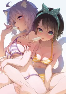 animal_ears bikini hololive hololive_gamers nekomata_okayu nekomimi nilitsu oozora_subaru swimsuits tail wet