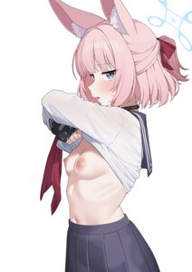 0haribo0 animal_ears blue_archive breasts halo niko_(blue_archive) nipples no_bra seifuku shirt_lift undressing