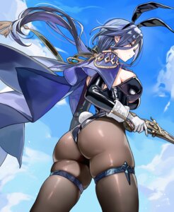 animal_ears ass bunny_ears bunny_girl clorinde garter genshin_impact gun no_bra pantyhose tail umamipesto