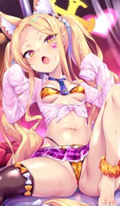 animal_ears bikini blue_archive cameltoe halo kitsune loli open_shirt see_through seifuku skirt_lift swimsuits tail tattoo thighhighs toraishi_666 wet yurizono_seia