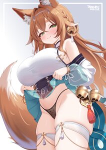 animal_ears asian_clothes garter ineedu041_tako kitsune no_bra pantsu skirt_lift tail thong