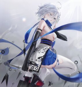 fishnets garter heterochromia japanese_clothes nekometaru ninja no_bra shibou_yuugi_de_meshi_wo_kuu. sorimachi_yuuki thighhighs weapon