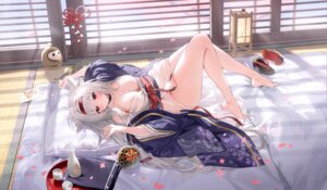azur_lane kimono montpelier_(azur_lane) no_bra nopan open_shirt sake see_through skirt_lift tagme wet