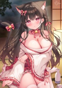 animal_ears breast_hold miko nekomimi open_shirt pantsu sake sarashi siooooono skirt_lift tail thighhighs wet