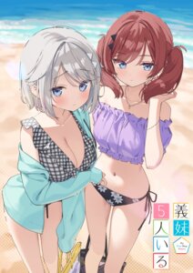 bikini breast_hold muninshiki open_shirt swimsuits