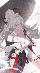 Rating: Questionable Score: 6 Tags: hiyuki huang_(pixiv3580877) japanese_clothes no_bra open_shirt tattoo umbrella wuthering_waves User: VigorousMMM