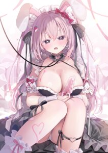 ameno_usari animal_ears bunny_ears cameltoe cream maid no_bra pantsu skirt_lift thong