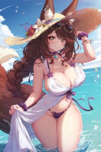 animal_ears bikini dress megane mitsu_(mitsu_art) see_through skirt_lift summer_dress swimsuits tail wet wet_clothes