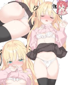 areola ass bra cameltoe chibi hazuki_watora kani_biimu loli pantsu shimotsuki_potofu shirt_lift skirt_lift thighhighs thong wet