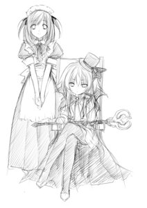 lump_of_sugar maid moekibara_fumitake monochrome pantyhose sketch skirt_lift weapon