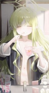 achib blue_archive bottomless cream halo loli no_bra open_shirt pajama pointy_ears tachibana_hikari