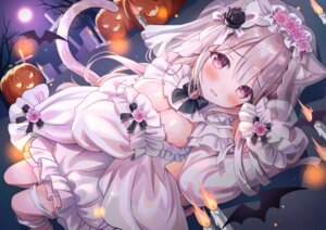 animal_ears bandages dress halloween indie_virtual_youtuber luna_nyann nekomimi no_bra tail uise_iu