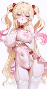 azalea_(hiyono) breast_hold fishnets fymrie leotard no_bra nopan stockings thighhighs wet