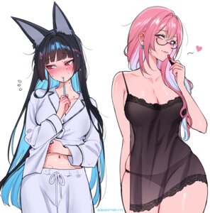 animal_ears detexted hoshimi_miyabi kitsune lingerie megane no_bra pajama pantsu qiandaiyiyu see_through shirt_lift tsukishiro_yanagi wet yuri zenless_zone_zero