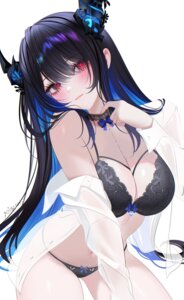 707arisu bra dress_shirt hololive hololive_english horns lingerie nerissa_ravencroft open_shirt pantsu see_through